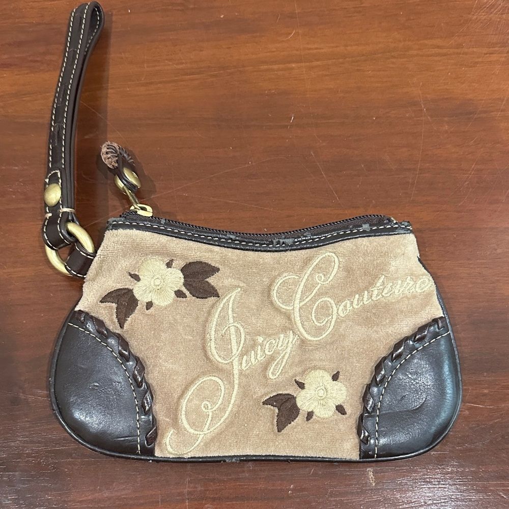 Juicy Couture Floral Embroidered Wristlet in Tan and Brown